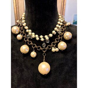 Plunder Y2K Faux Pearl Necklace Bronze Tone 3 Strand Chunky Statement Choker
